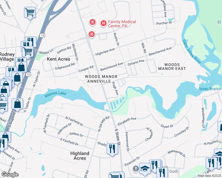 map of restaurants, bars, coffee shops, grocery stores, and more near 1673 South State Street in Dover