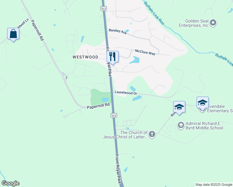 map of restaurants, bars, coffee shops, grocery stores, and more near 1301 Front Royal Pike in Winchester
