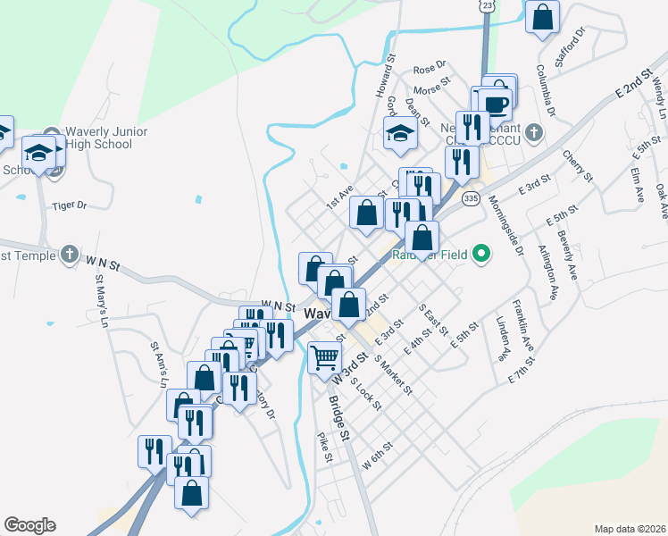 map of restaurants, bars, coffee shops, grocery stores, and more near 217 West North Street in Waverly