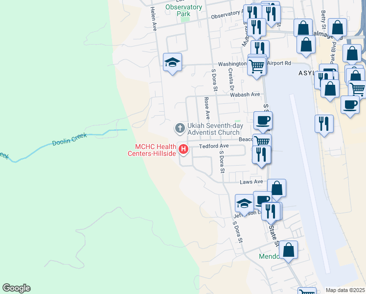 map of restaurants, bars, coffee shops, grocery stores, and more near 312 Tedford Avenue in Ukiah