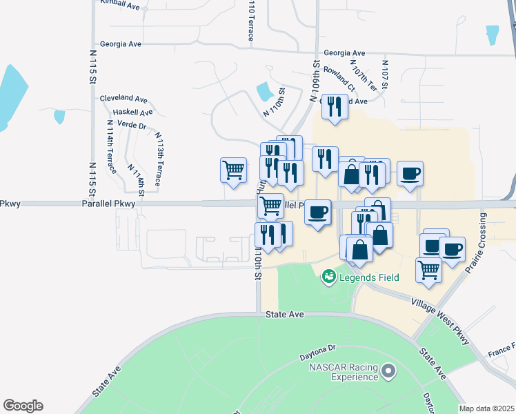 map of restaurants, bars, coffee shops, grocery stores, and more near 2110 North 110 Street in Kansas City