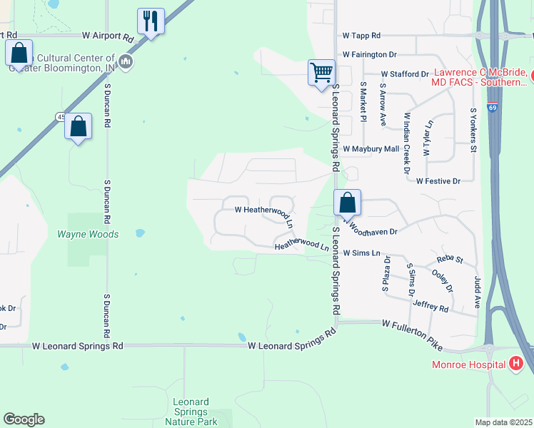 map of restaurants, bars, coffee shops, grocery stores, and more near 4239-4299 W Lilac Ln in Bloomington