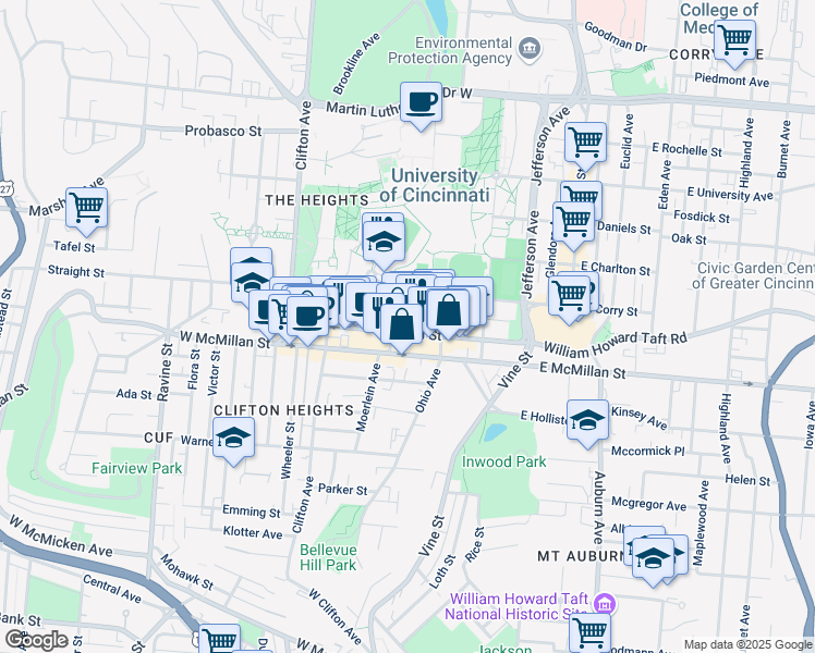 map of restaurants, bars, coffee shops, grocery stores, and more near 222 Calhoun Street in Cincinnati