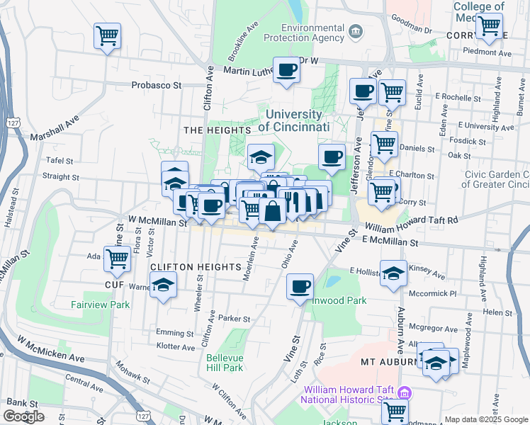 map of restaurants, bars, coffee shops, grocery stores, and more near 222 Calhoun Street in Cincinnati