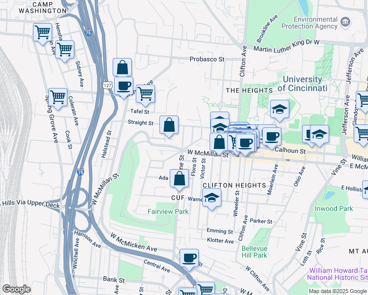 map of restaurants, bars, coffee shops, grocery stores, and more near in Cincinnati