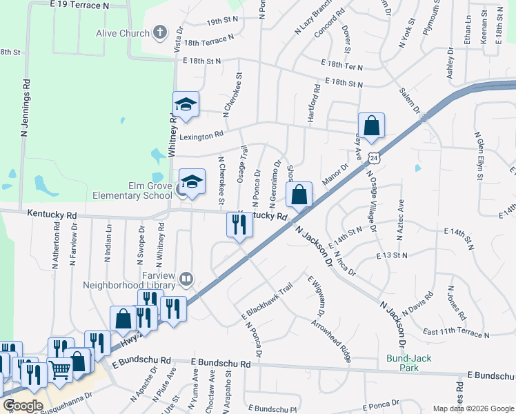 map of restaurants, bars, coffee shops, grocery stores, and more near 1411 North Ponca Drive in Independence