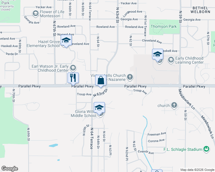 map of restaurants, bars, coffee shops, grocery stores, and more near 6300 Parallel Avenue in Kansas City