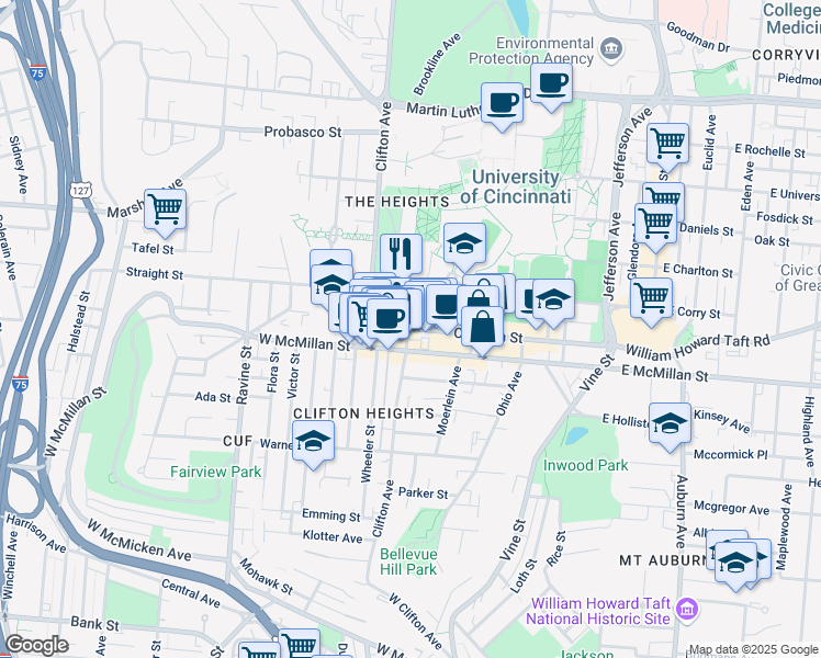 map of restaurants, bars, coffee shops, grocery stores, and more near 317 Calhoun Street in Cincinnati