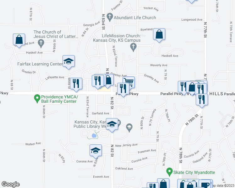 map of restaurants, bars, coffee shops, grocery stores, and more near 8155 Parallel Parkway in Kansas City