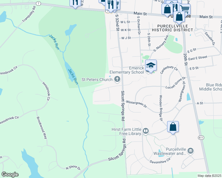 map of restaurants, bars, coffee shops, grocery stores, and more near 37001 Glendale Street in Purcellville