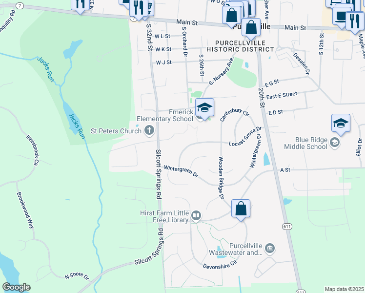 map of restaurants, bars, coffee shops, grocery stores, and more near 341 Locust Grove Drive in Purcellville