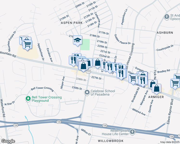map of restaurants, bars, coffee shops, grocery stores, and more near Mountain Rd & Catherine Ave in Pasadena
