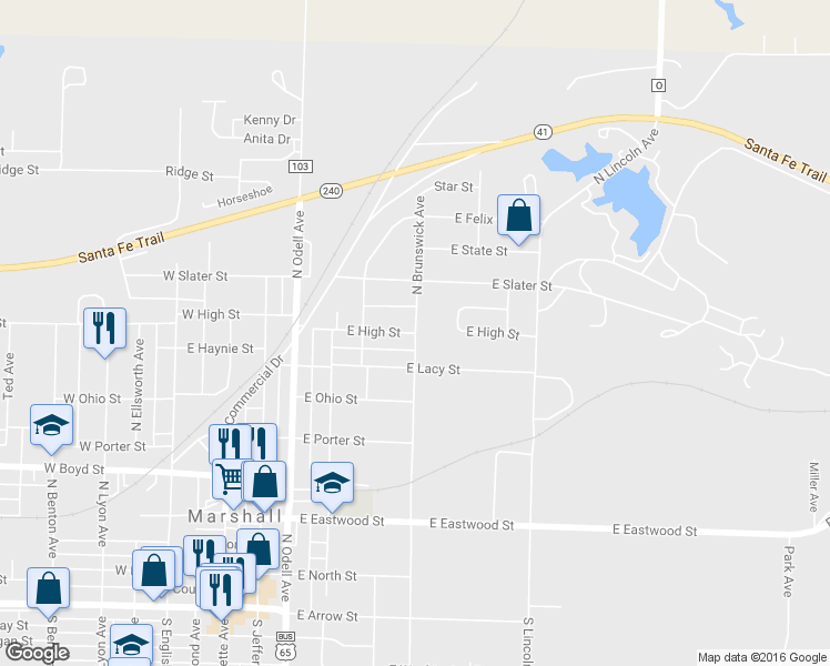 map of restaurants, bars, coffee shops, grocery stores, and more near 799 North Brunswick Avenue in Marshall