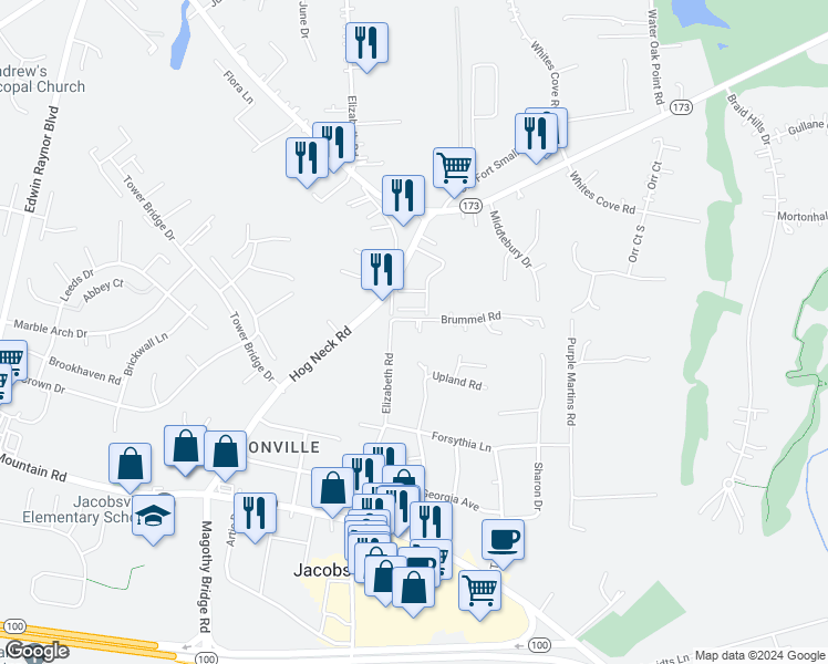 map of restaurants, bars, coffee shops, grocery stores, and more near 4005 Brummel Road in Pasadena