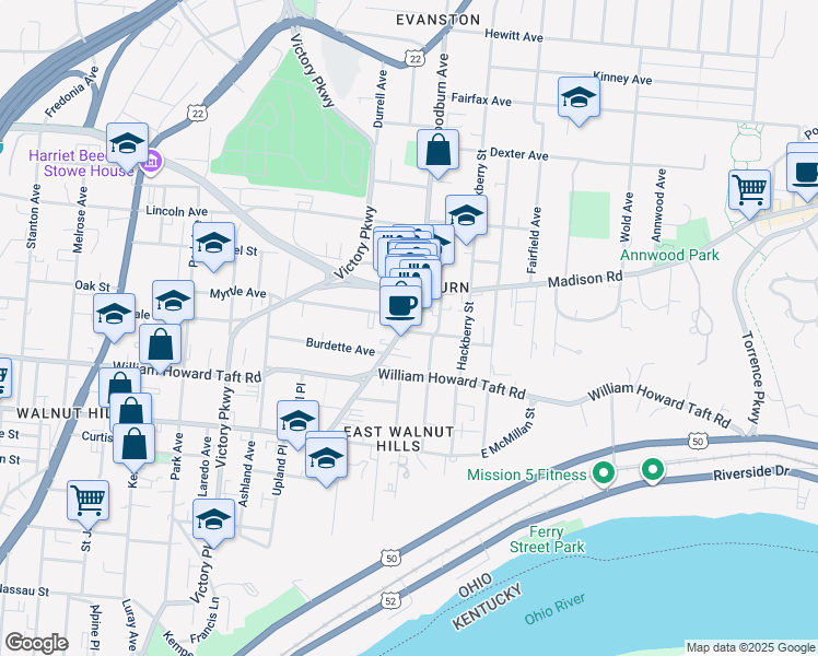 map of restaurants, bars, coffee shops, grocery stores, and more near 2800 Woodburn Avenue in Cincinnati