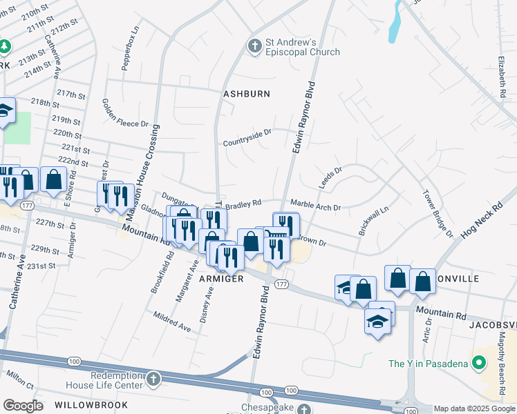 map of restaurants, bars, coffee shops, grocery stores, and more near 1127 Bradley Road in Pasadena