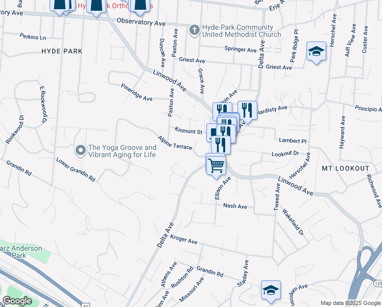 map of restaurants, bars, coffee shops, grocery stores, and more near 3023 Alpine Terrace in Cincinnati
