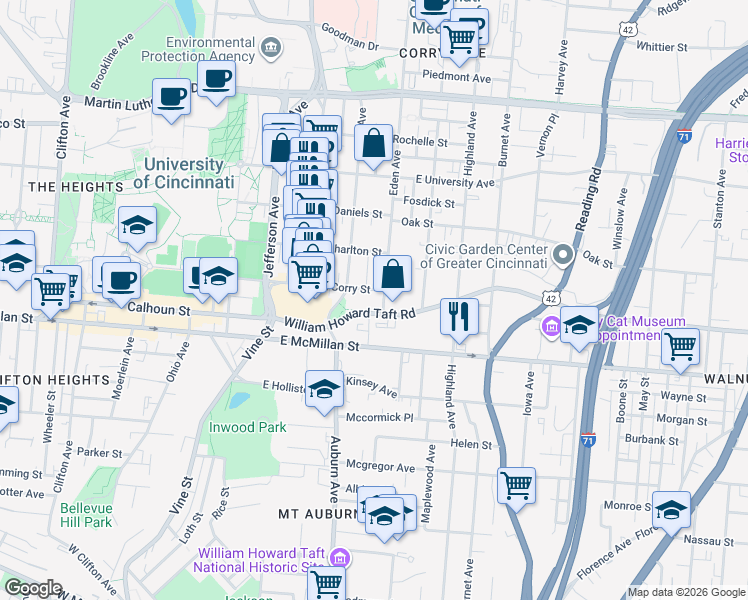 map of restaurants, bars, coffee shops, grocery stores, and more near 114 East Corry Street in Cincinnati