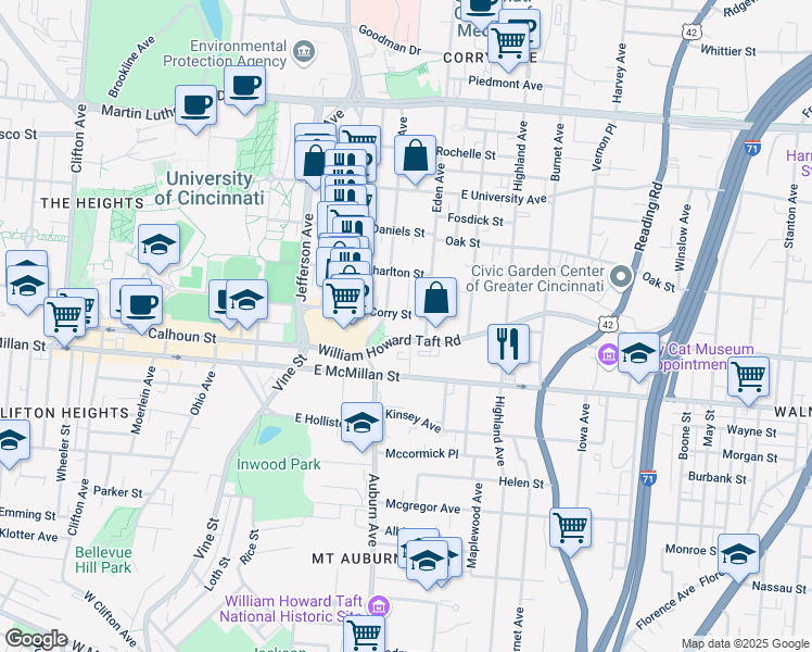 map of restaurants, bars, coffee shops, grocery stores, and more near 114 East Corry Street in Cincinnati