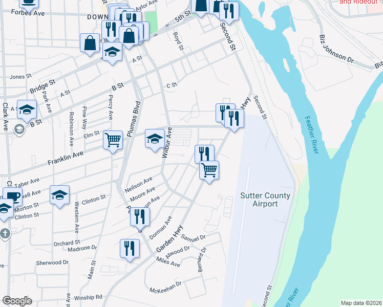 map of restaurants, bars, coffee shops, grocery stores, and more near 187 Woodbridge Avenue in Yuba City