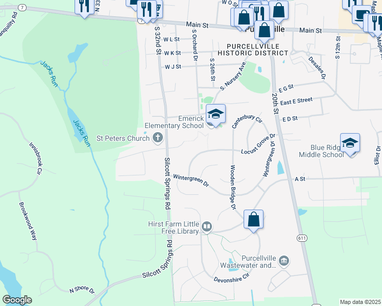 map of restaurants, bars, coffee shops, grocery stores, and more near 341 Locust Grove Drive in Purcellville