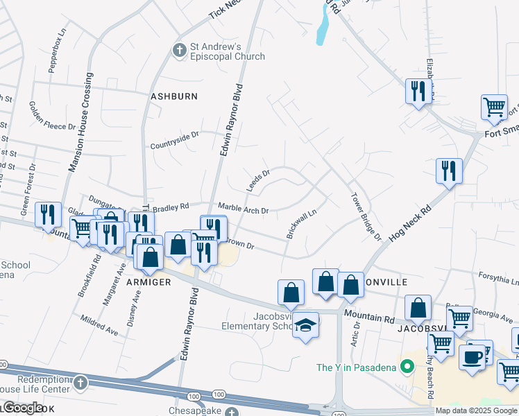 map of restaurants, bars, coffee shops, grocery stores, and more near 3442 Marble Arch Way in Pasadena
