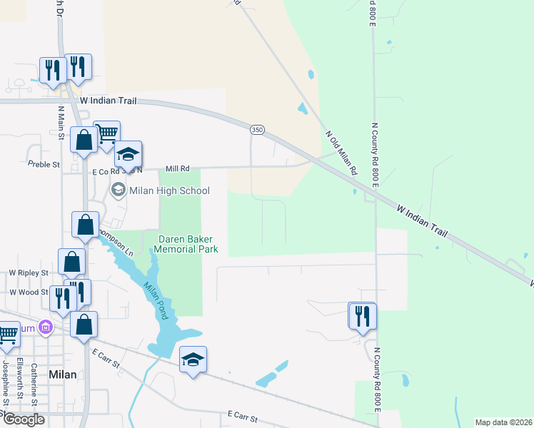 map of restaurants, bars, coffee shops, grocery stores, and more near 567 Chippewa Court in Milan