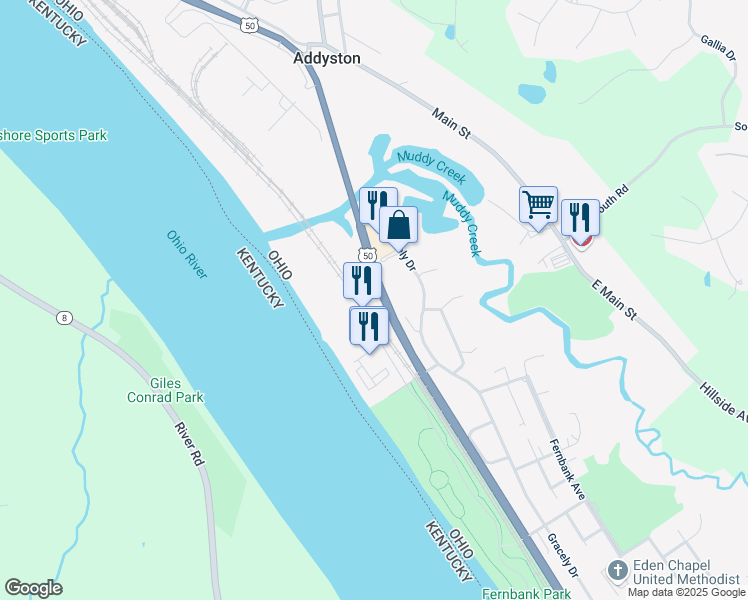 map of restaurants, bars, coffee shops, grocery stores, and more near 7446 River Road in Cincinnati