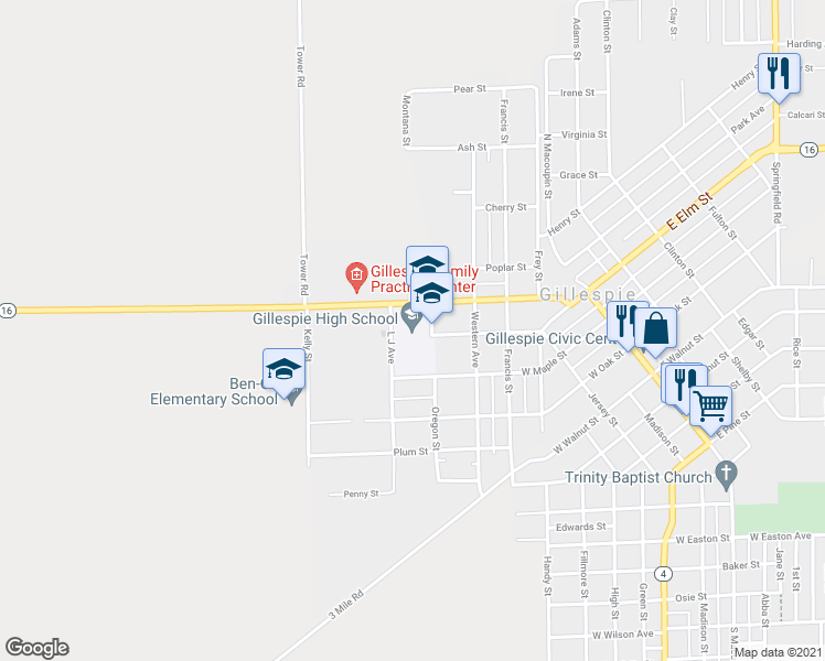 map of restaurants, bars, coffee shops, grocery stores, and more near 612 Broadway Street in Gillespie