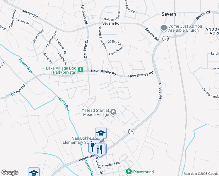 map of restaurants, bars, coffee shops, grocery stores, and more near 1806 Watch House Circle South in Severn
