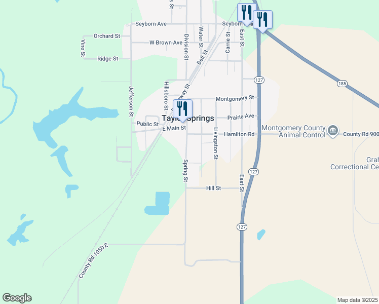 map of restaurants, bars, coffee shops, grocery stores, and more near 703 Spring Street in Taylor Springs