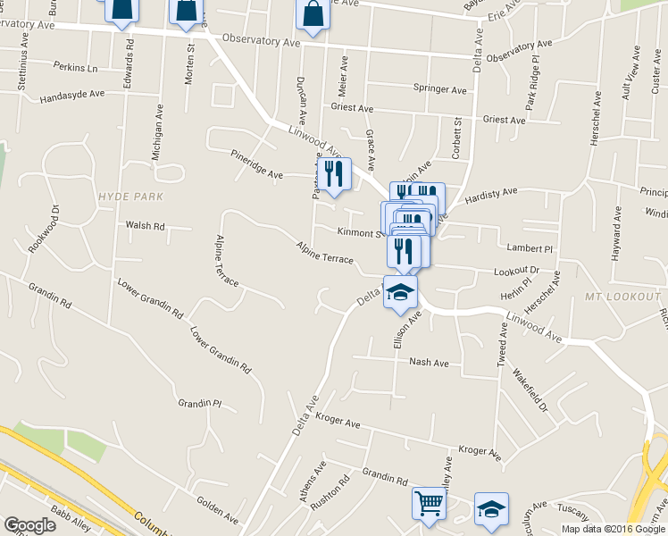 map of restaurants, bars, coffee shops, grocery stores, and more near 3023 Alpine Terrace in Cincinnati