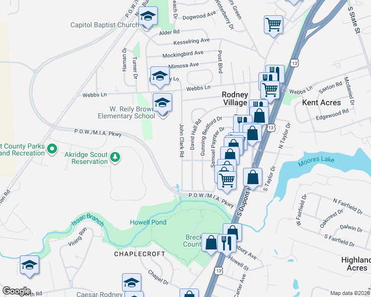 map of restaurants, bars, coffee shops, grocery stores, and more near 1523 John Clark Road in Dover
