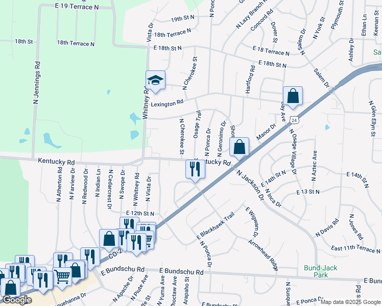 map of restaurants, bars, coffee shops, grocery stores, and more near 1408 Osage Trail in Independence