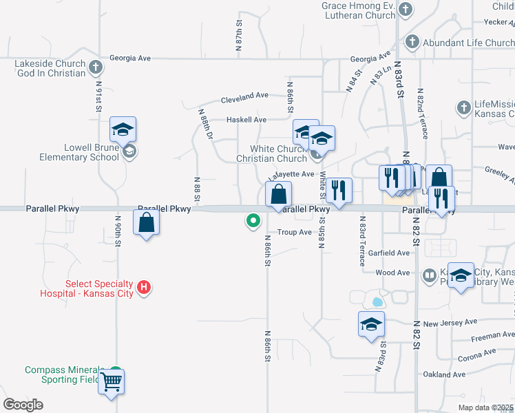 map of restaurants, bars, coffee shops, grocery stores, and more near 1700 North 86th Terrace in Kansas City