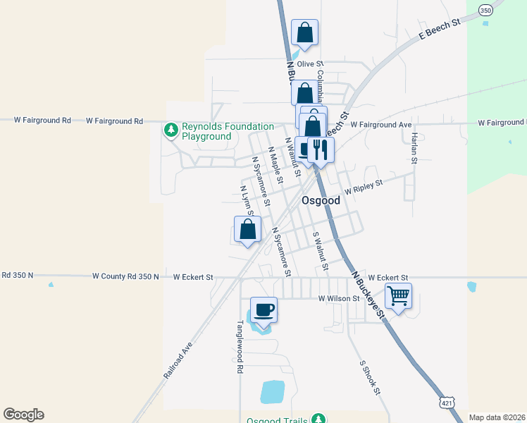 map of restaurants, bars, coffee shops, grocery stores, and more near 124 North Sycamore Street in Osgood