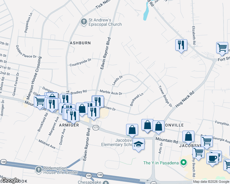 map of restaurants, bars, coffee shops, grocery stores, and more near 3436 Marble Arch Drive in Pasadena