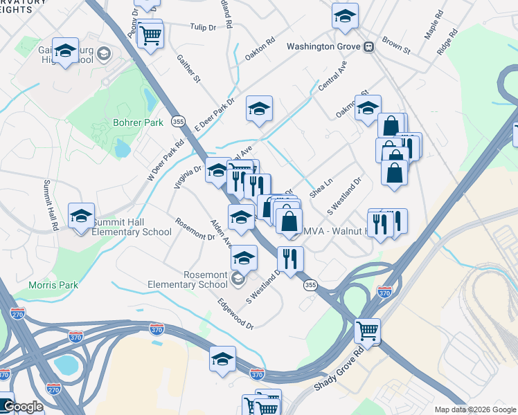 map of restaurants, bars, coffee shops, grocery stores, and more near 8941 North Westland Drive in Gaithersburg