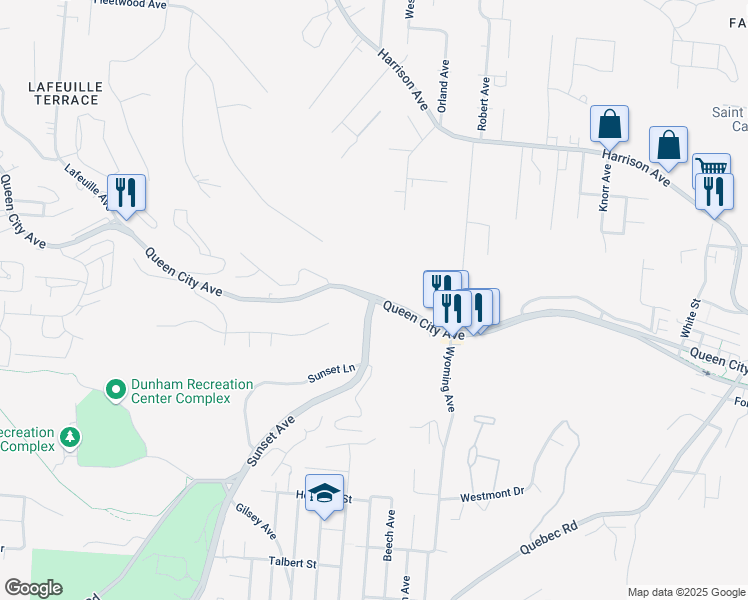map of restaurants, bars, coffee shops, grocery stores, and more near Queen City Ave & Sunset Ave in Cincinnati