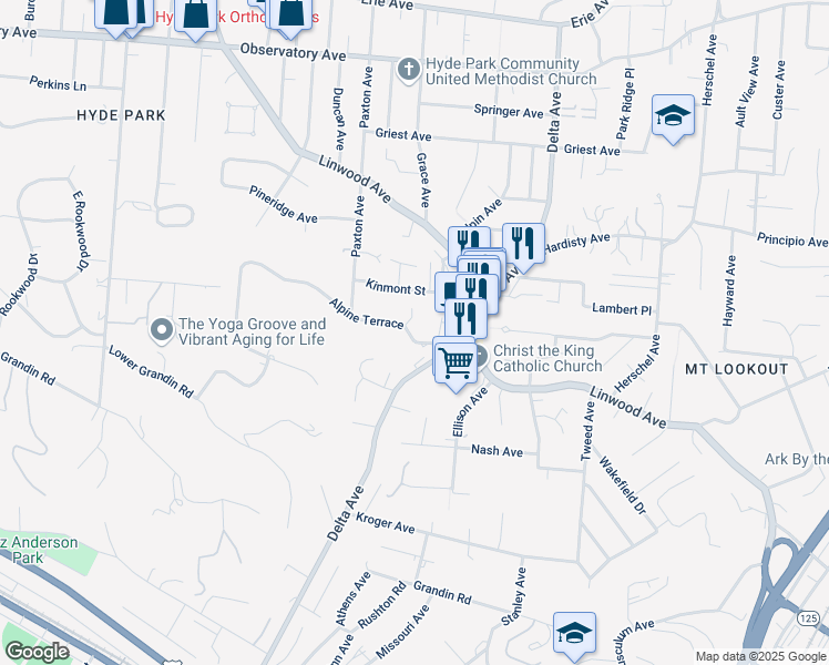 map of restaurants, bars, coffee shops, grocery stores, and more near 3050 Alpine Terrace in Cincinnati