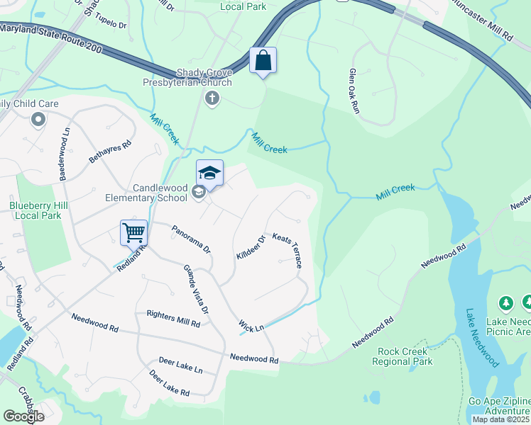 map of restaurants, bars, coffee shops, grocery stores, and more near 16608 Killdeer Drive in Derwood