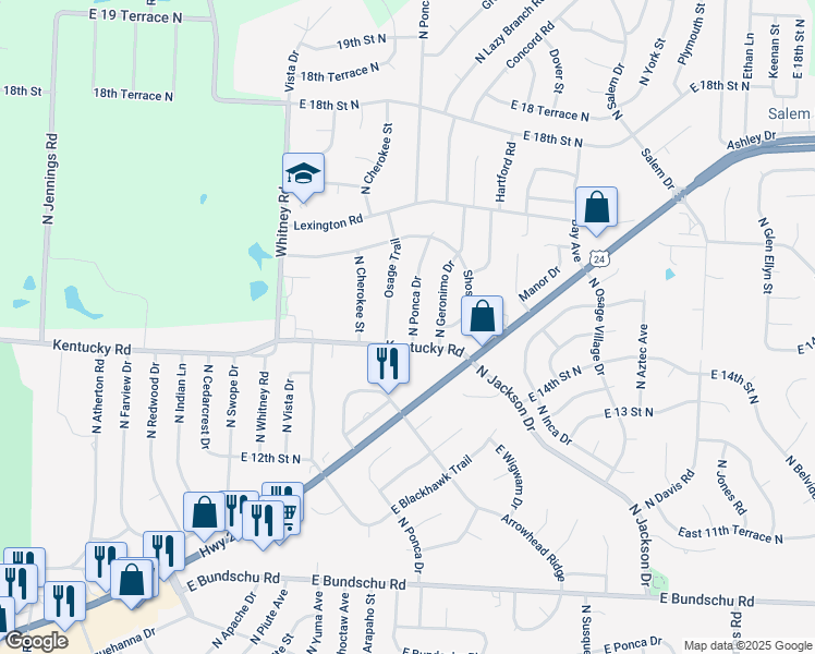 map of restaurants, bars, coffee shops, grocery stores, and more near 1411 North Ponca Drive in Independence