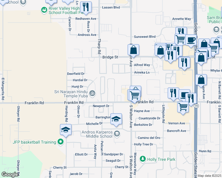 map of restaurants, bars, coffee shops, grocery stores, and more near 1719 Franklin Road in Yuba City
