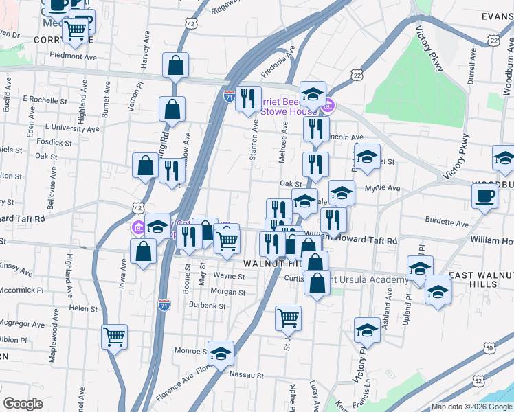 map of restaurants, bars, coffee shops, grocery stores, and more near 2636 Stanton Avenue in Cincinnati