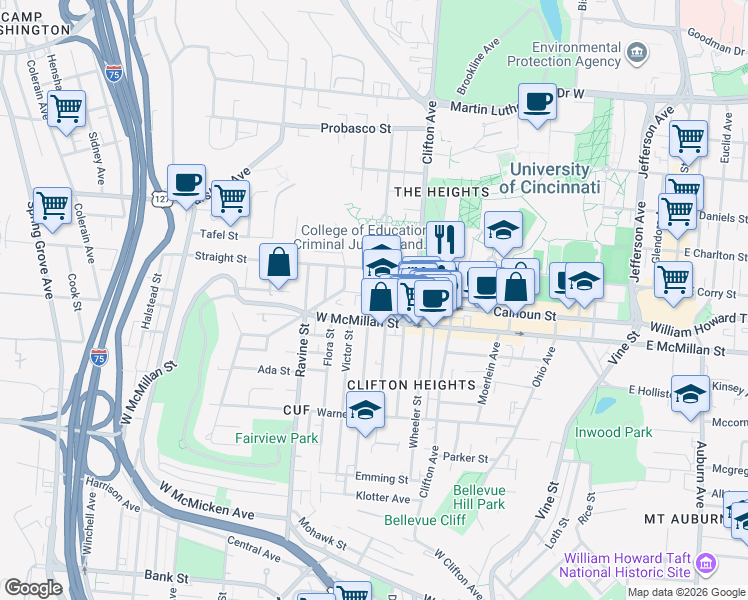 map of restaurants, bars, coffee shops, grocery stores, and more near 300 West McMillan Street in Cincinnati