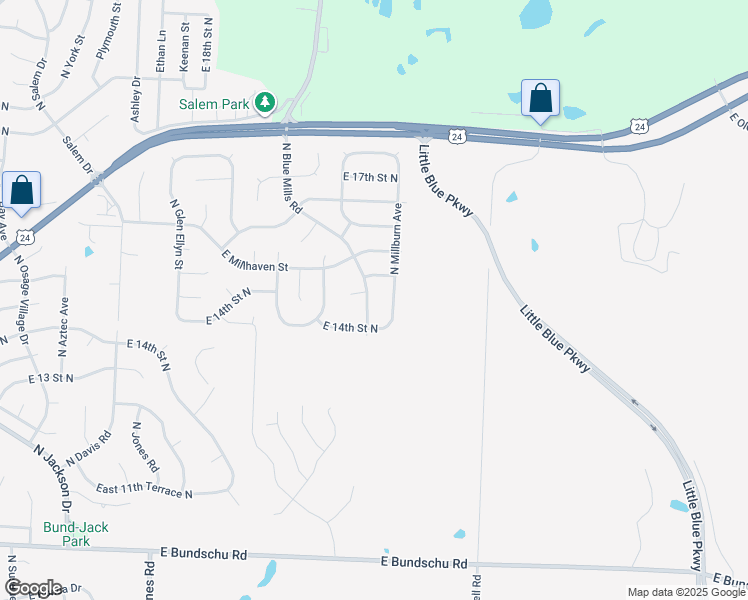 map of restaurants, bars, coffee shops, grocery stores, and more near 1421 North Blue Mills Road in Independence