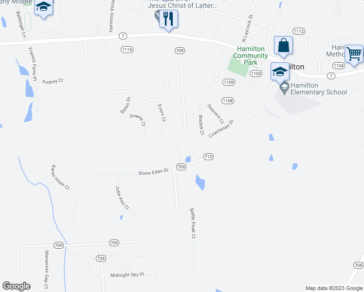 map of restaurants, bars, coffee shops, grocery stores, and more near 17646 Hamilton Heights Court in Hamilton