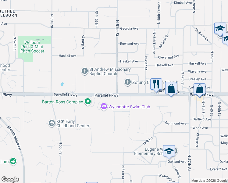 map of restaurants, bars, coffee shops, grocery stores, and more near 2008 North 51st Street in Kansas City
