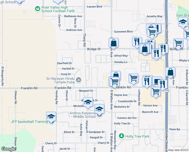 map of restaurants, bars, coffee shops, grocery stores, and more near 1719 Franklin Road in Yuba City
