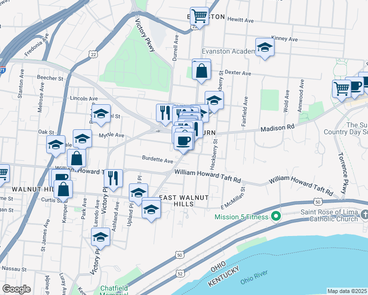 map of restaurants, bars, coffee shops, grocery stores, and more near 2800 Woodburn Avenue in Cincinnati